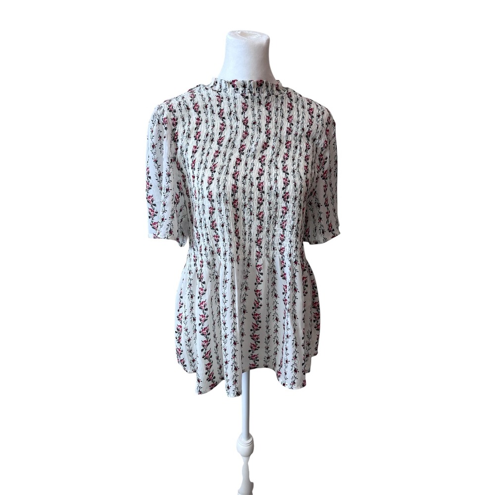Sweet Rain Smocked‎ Floral Blouse Mock Neck Short Sleeve Top Size L